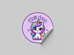 Well Done Motivational Kids Cute Unicorn Girl Design 3 Classroom School Homework Award Sticker