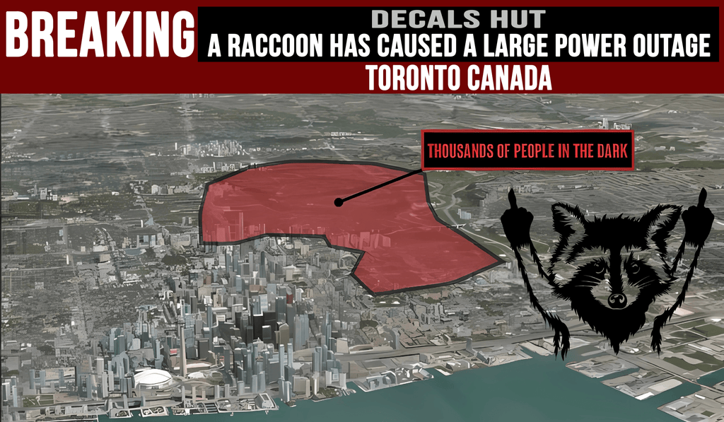 Brightening Up Blackouts: A Toronto Raccoon Fu Sticker Humorous Twist to Power Outage Caused By Raccoon!