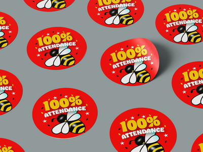 100% Attendance Bright Bee School Teachers Award Kids Motivation Sticker Label