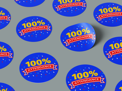 100% Attendance Colourful School Teacher Award Kids Motivation Sticker Blue