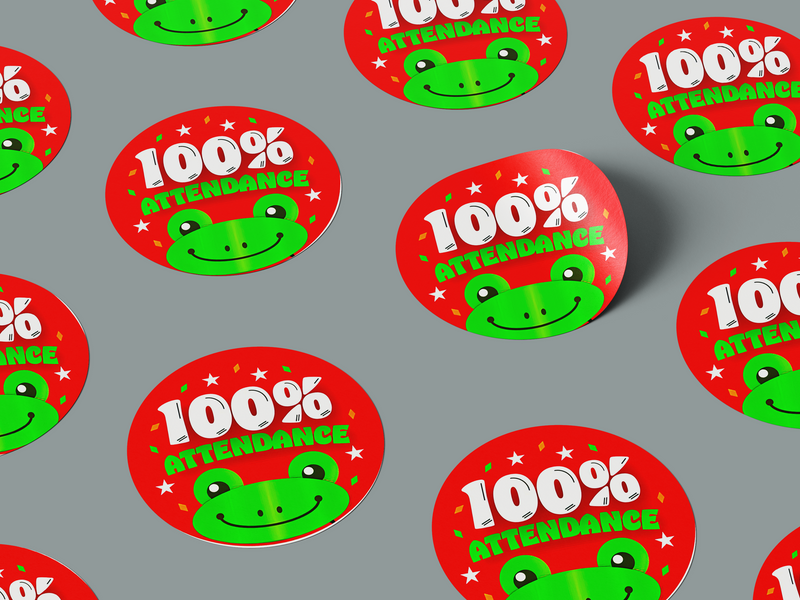 100% Attendance Cute Frog Smiling School Teacher Award Kids Motivation Sticker