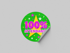 100% Attendance Star Design School Teacher Sticker Green Award Sticker Kids Motivation