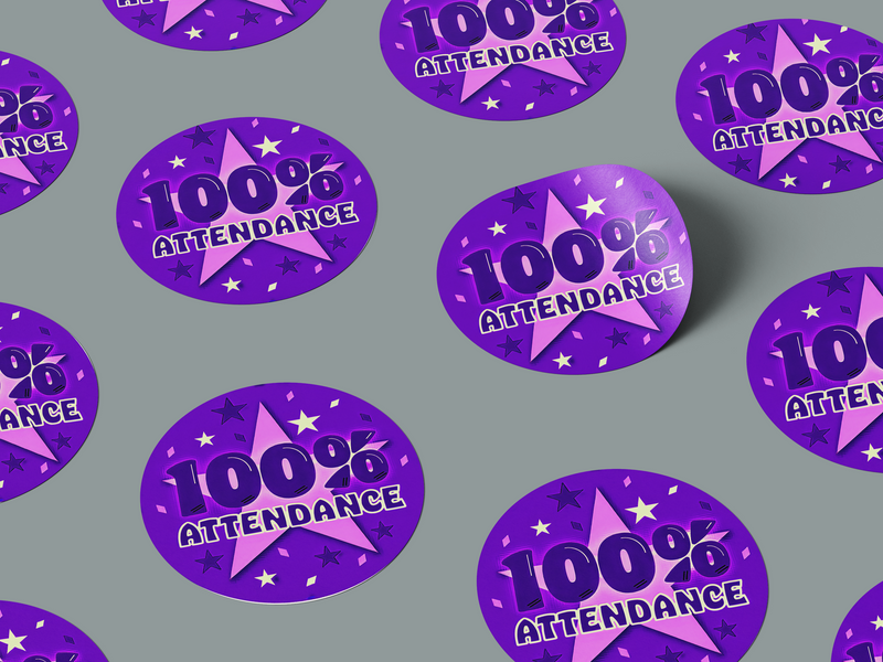 100% Attendance Star Design School Sticker Purple Award Sticker Kids Motivation Teacher