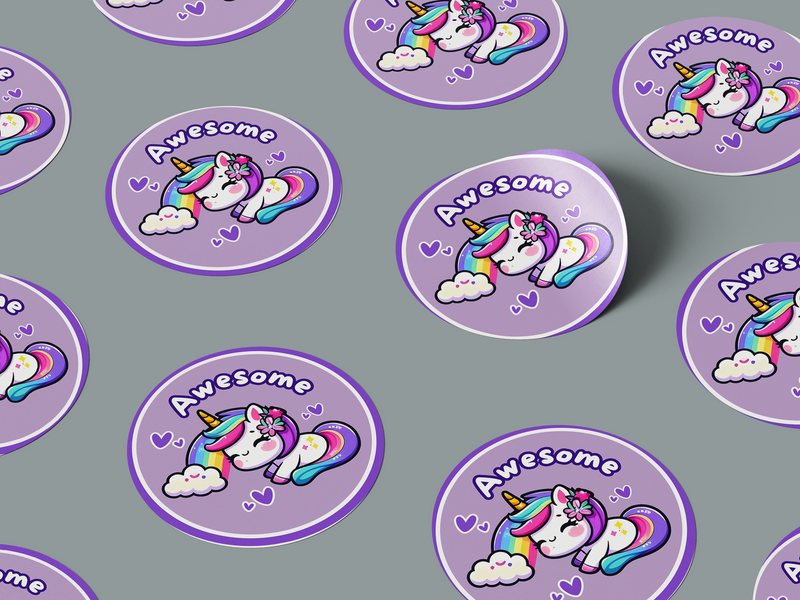 Awesome Motivational Kids Cute Unicorn Girl Design 4 Classroom School Homework Award Sticker