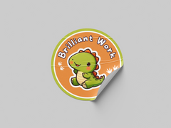 Brilliant Work Motivational Kids Cute Baby Dino Design 5 Classroom School Homework Award Sticker