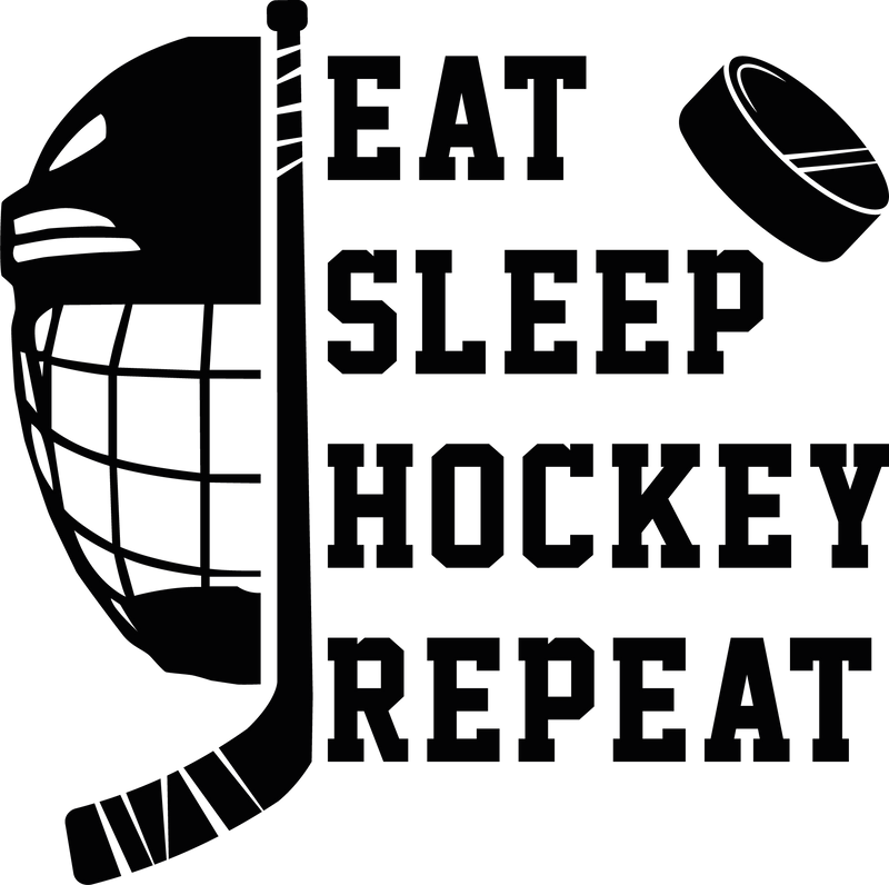 Eat Sleep Hockey Repeat Text Lettering Goalie Mask Hockey Helmet Stick Puck Winter Ice Sport Vinyl Decal Sticker