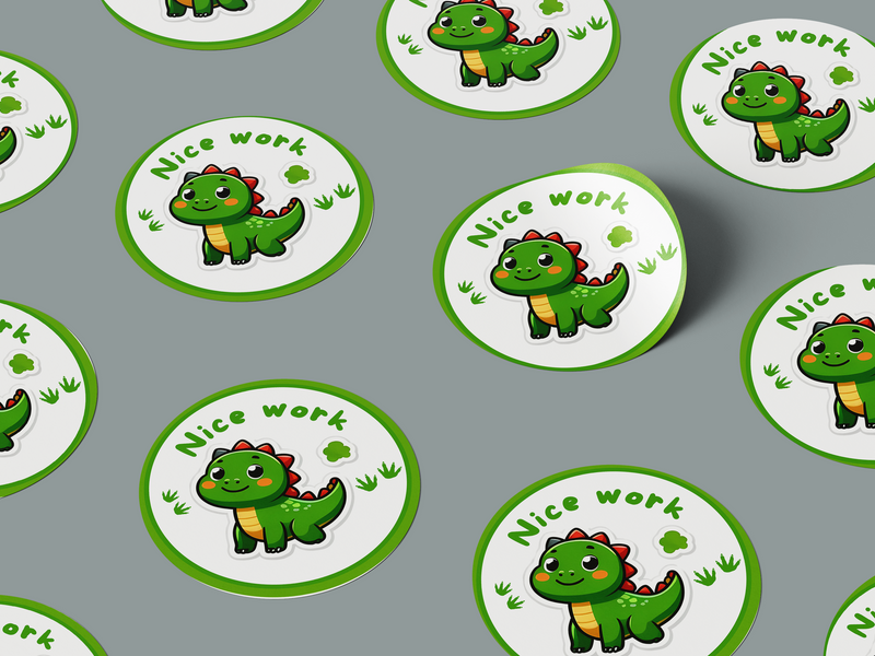 Nice Work Motivational Kids Cute Baby Dino Design 4 Classroom School Homework Award Sticker