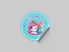 Nice Work Motivational Kids Cute Unicorn Girl Design 14 Classroom School Homework Award Sticker