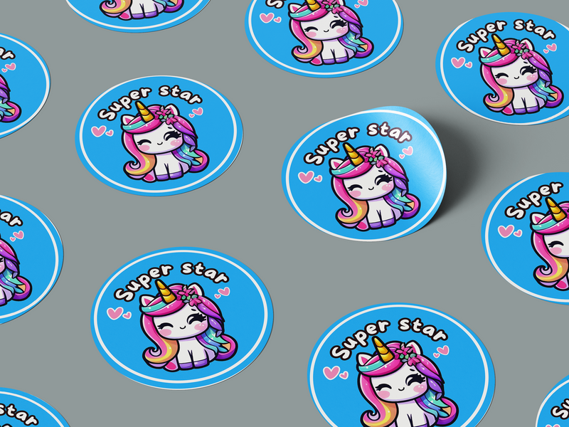 Super Star Motivational Kids Cute Unicorn Girl Design 5 Classroom School Homework Award Sticker