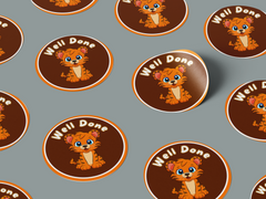 Well Done Motivational Kids Cute Baby Tiger Design Zoo Animal Design 4 Classroom School Homework Award Sticker