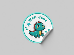 Well Done Motivational Kids Cute Baby Dino Design 2 Classroom School Homework Award Sticker