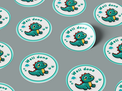 Well Done Motivational Kids Cute Baby Dino Design 2 Classroom School Homework Award Sticker