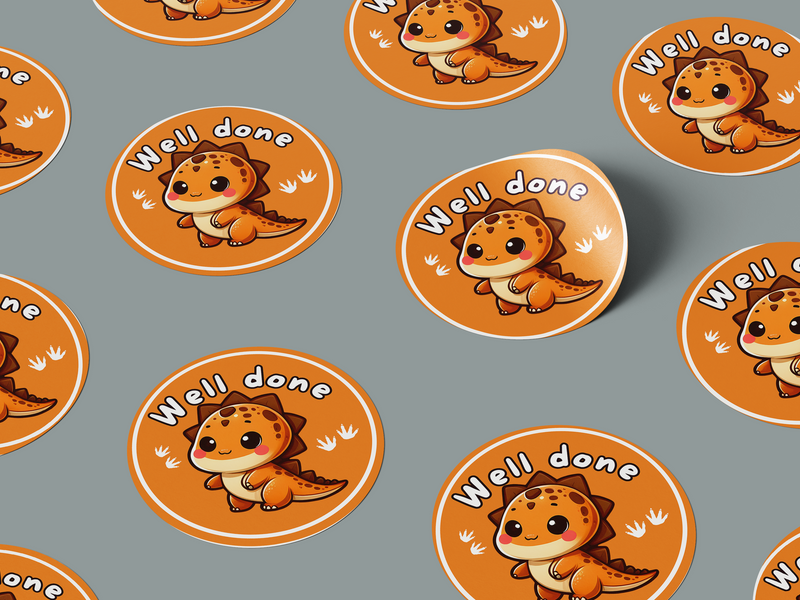 Well Done Motivational Kids Cute Baby Dino Design 7 Classroom School Homework Award Sticker