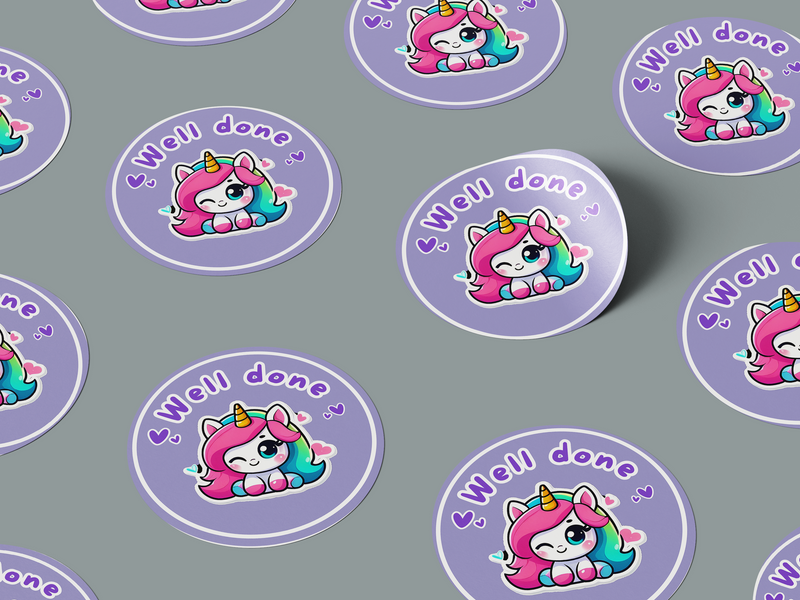 Well Done Motivational Kids Cute Unicorn Girl Design 11 Classroom School Homework Award Sticker