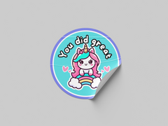 You Did Great Motivational Kids Cute Unicorn Girl Design 1 Sticker Classroom School Homework Award